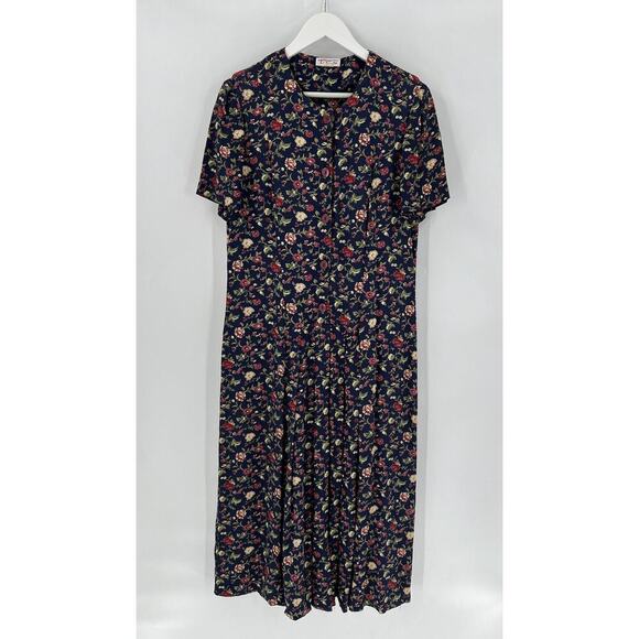 Talbots Vintage Dress Womens Medium/Large Navy Blue Floral Print Button Pleated - Picture 1 of 16